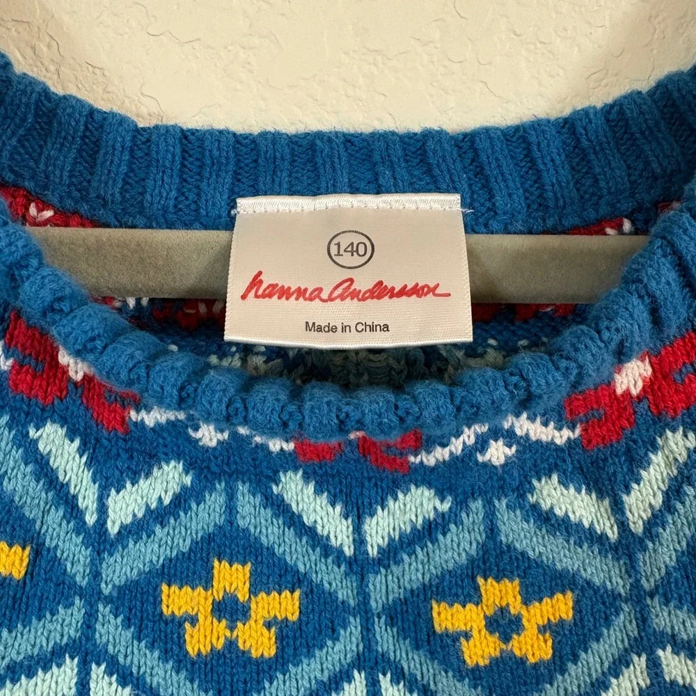 Hanna Andersson Sweater Kids 140 9-10yr Blue Fair Isle Nordic Cotton Pullover